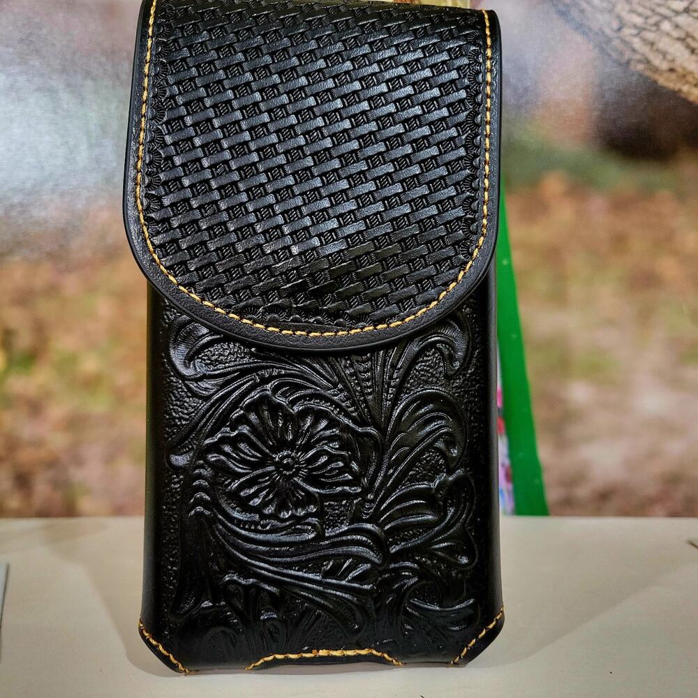 Western Cowboy Belt Loop Phone Holster Black LARGE Genuine Leather Basketweave